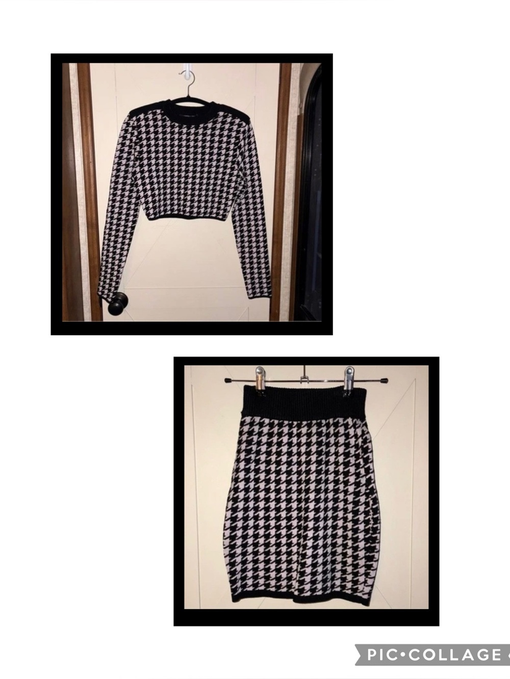 NWOT EXPRESS houndstooth strong shoulder sweater dress skirt set XS\S